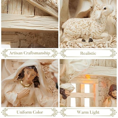 Valery Madelyn Christmas Nativity Figurines with LED Lights, Large White Gold Holy Family Nativity Scenes Resin Manger for Xmas Indoor Home Table Fireplace Holiday Decorations, 10.6 Inch Tall thumbnail 5