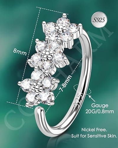 COCHARM 20G 925 Sterling Silver Small Thin Nose Ring Hoop for Women, Silver 7mm - 8mm Adjustable Half Hoop Nostril Piercing Jewelry thumbnail 3