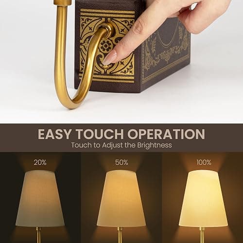 AELS Vintage Bookshelf Lamp with Bulb, Cordless Touch Dimmable Table Lamp with Linen Fabric Shade, Battery Operated, Modern Farmhouse, Book Sconce for Office Home Bedroom, Tree of Life Brown & Gold thumbnail 3