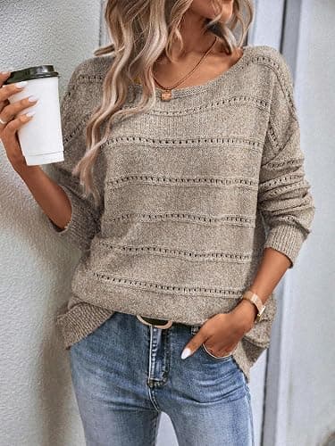 CFLHN Women's Sweater Soft Boat Neck Long Sleeve Oversized Sweaters Crochet Pullover Knit Tops thumbnail 2