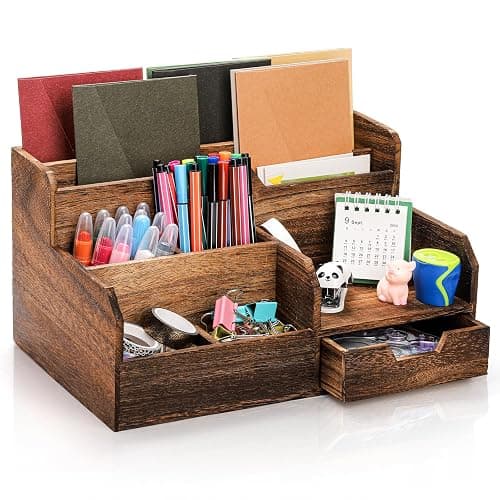 Pumtus Brown Wooden Mail Organizer, Desk Organizer with 7 Compartments and Drawer, Rustic Mail Sorter with Pen Holder, Tabletop Mail Basket, Office Accessories Holder for Pen File Letter Document - Image 1