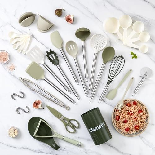 COOK WITH COLOR Silicone Cooking Utensils, Kitchen Utensil Set, Easy to Clean Silicone Kitchen Utensils, Cooking Utensils for Nonstick Cookware, Kitchen Gadgets Set, 38 Piece, Green thumbnail 6