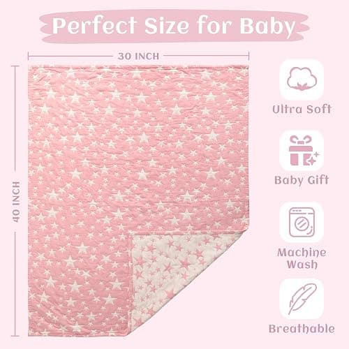 NTBAY 3 Layer Toddler Blanket, Muslin Cotton Jacquard Bed Blankets, Lightweight Thermal Baby Blanket, Super Soft and Warm Crib Blanket for All Seasons, Decoration Gift, 30"x40", Pink Star thumbnail 3