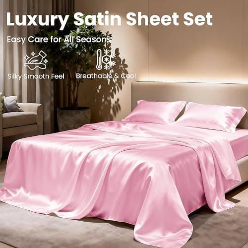 Love's cabin Twin Satin Sheets Sets - 3 Piece Pink Silky Bed Sheets with Deep Pockets, Luxury Silk Feel Satin Twin Size Sheet Set Bedding Set (1 Flat Sheet,1 Fitted Sheet,1 Pillow case) thumbnail 8