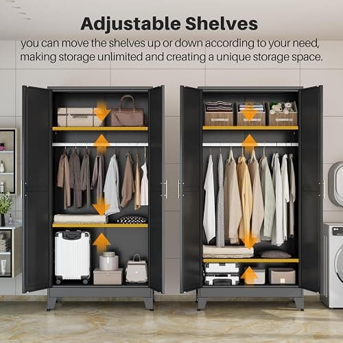 winiowa Metal Armoire Wardrobe Closet with 2 Mirror Doors, 71" Wardrobe Cabinet with Adjustable Shelves and Hanging Rod, Clothing Storage Cabinet Closet with Mirror for Bedroom-Black thumbnail 5