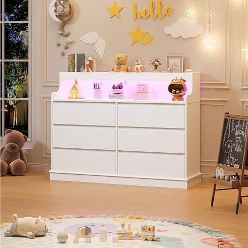 Dresser for Bedroom, 6 Drawer Dresser with LED Lights and Charging Station, Wide Chest of 6 Drawers with Open Space, Modern Large Capacity Storage Cabinet, Living Room, Hallway, White - White thumbnail 3