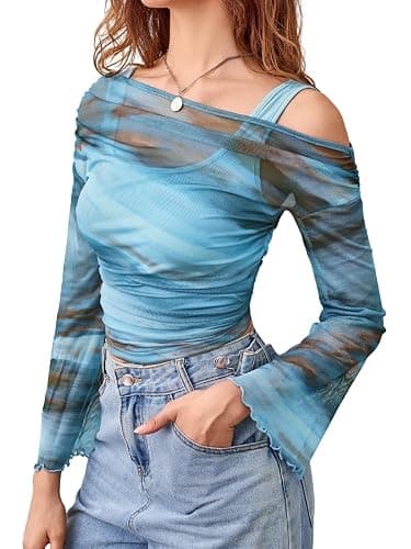 Verdusa Women's Y2k Off The Shoulder Tops Mesh Long Sleeve Crop Tops 2000s Clothing - Image 1