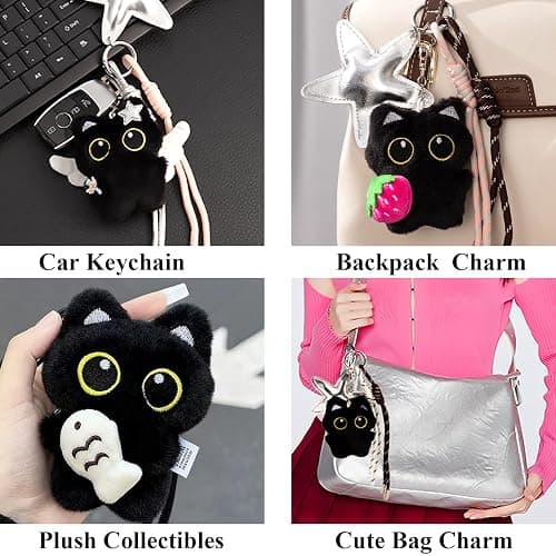HONYJOOM Bag Charm Cute Black Cat Plush Keychain Backpack Purse Key Chain Accessories Gifts for Women thumbnail 5