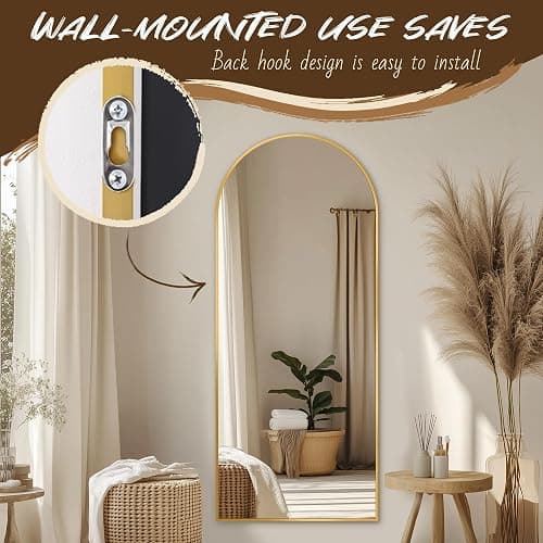 Antok Full Length Mirror, 58"x19" Floor Mirror, Arched Floor Standing Freestanding Arch Full Body Mirrors with Stand for Bedroom, Hanging Mounted for Living Room Cloakroom,Gold thumbnail 8