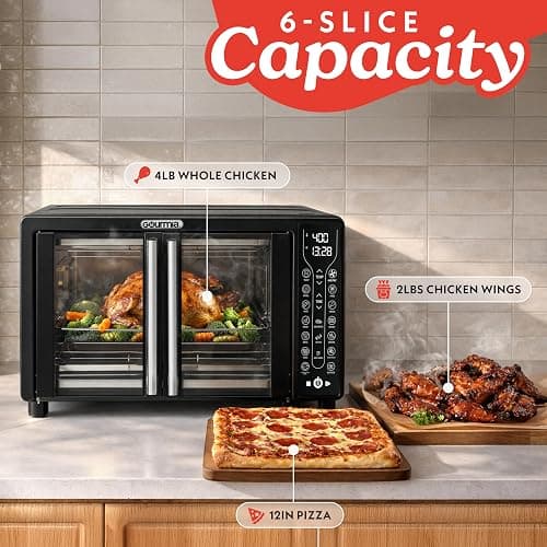 Gourmia Toaster Oven - 6-Slice Capacity, Digital Display, Black | French Door Design Air Fryer Combo, 17 Cooking Presets, Adjustable Time & Temperature, FryForce 360°, Dishwasher-Safe Trays thumbnail 7