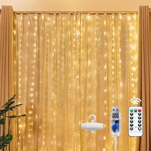 Brightown 300 LED Fairy Curtain Lights, 9.8ft x 9.8ft Warm White Curtain String Lights, USB Plug in 8 Lighting Modes Christmas Decoration, Hanging Lights with Remote for Bedroom Indoor Weddings Dorm - Image 1