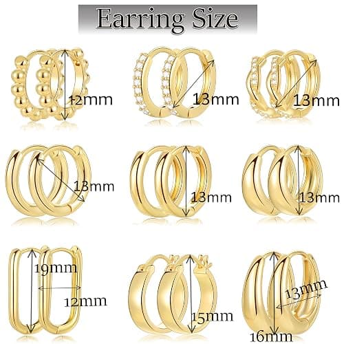 9 Pairs Small Gold/Silver Hoop Huggie Earrings Set for Women, 14K Gold Plated Chunky Hoop Small Earring Hypoallergenic Thick Open Lightweight Chunky Hoop Earrings Jewelry for Gifts thumbnail 2
