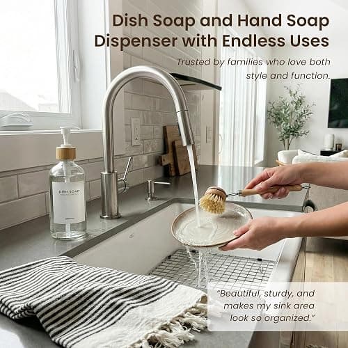 MaisoNovo Glass Dish Soap Dispenser for Kitchen Sink Set of 1-500 ml Dish and Hand Soap Dispenser Set for Kitchen - Clear Glass Bottle with White Bamboo Pump x 1 thumbnail 7
