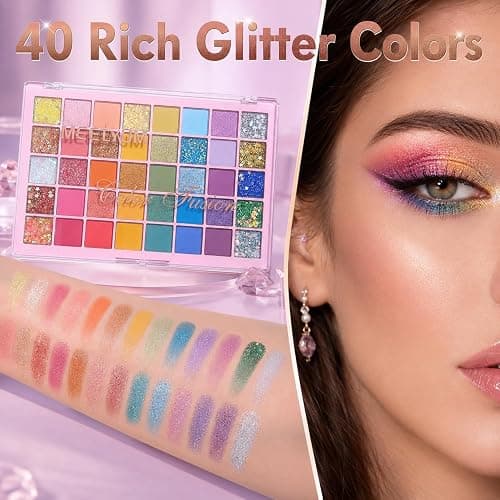 Colourful Glitter Eyeshadow Palette, 40 Colours Matte Glitter Eyeshadow Yellow Silver Pink Purple Green Blue Eye Make Up Palettes, Long Lasting Colourful Eye Shadow Pallets for Women thumbnail 2