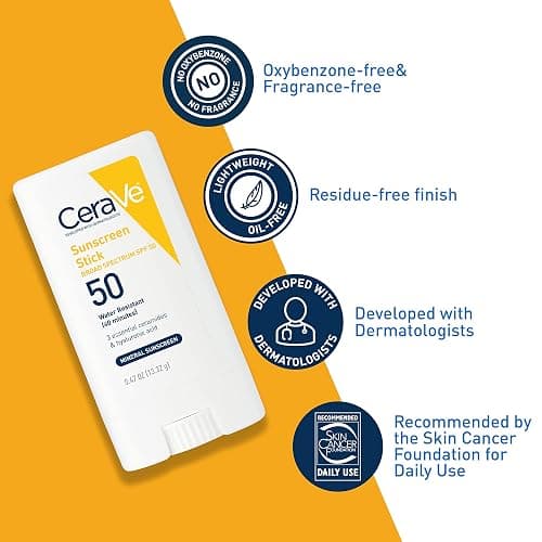 CeraVe Mineral Sunscreen Stick SPF 50, Broad Spectrum SPF + Hyaluronic Acid + Ceramides, Titanium Dioxide & Zinc Oxide, 100% Mineral Face Sunscreen Stick, Fragrance Free & Oil Free thumbnail 3