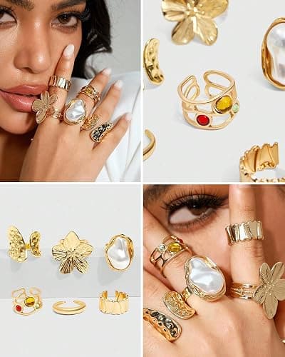 20Pcs Gold Ring Set for Women Chunky Boho Stack Flower Statement Rings Pack | Statement Midi Stackable Rings Set, Chunky Boho Flower Rings, Adjustable Suitable All Occasions, Great Gift for Women thumbnail 6