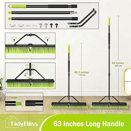TidyBliss 24” Wide Push Broom Outdoor Heavy Duty with 63” Long Handle | 6 Layers Stiff Bristles Brush, Convenient Storage, Commercial, for Garage Shop Garden Yard Patio Deck Street Warehouse Lawn thumbnail 2