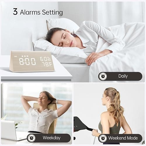 Digital Alarm Clock, with Wooden Electronic LED Time Display, 3 Alarm Settings, Humidity & Temperature Detect, Wood Made Electric Clocks for Bedroom, Bedside, Desk, White - White thumbnail 6