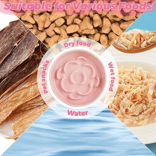 Ghligna 4Pcs Ceramic Cat Slow Food Feeder, 6 Inch Slow Feeder for Small Dogs, Cat Food Bowl for Dry Food and Wet Food, White and Pink thumbnail 7