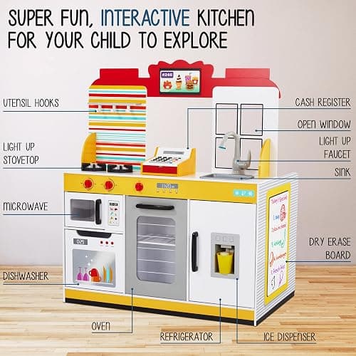 Lil' Jumbl Wooden Restaurant Playset, Interactive Diner Kitchen, Ages 3-8 | Gives kids a lifelike serving and prep space with refrigerator, oven, sink, and menu boards to spark creative fun. thumbnail 8