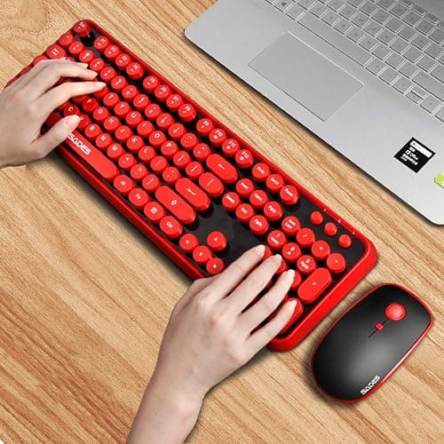 Wireless Keyboard Mouse Combo, 2.4GHz Wireless Typewriter Keyboard with 104 Cute Retro Round Keys, Letton Full Size Keyboard and Mouse with 3 DPI for Computer Mac PC Laptop-Black/Red thumbnail 6
