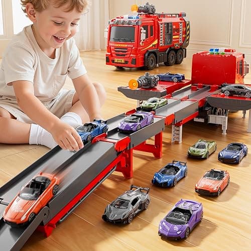 XINNOVEL Fire Trucks Toys for Toddlers Ages 3-5, Folded Carrier Truck Race Track with with Lights & Sounds and 6 Racing Car Toys, Birthday Gift for 3 4 5 6 7 8 Years Old Boys Girls thumbnail 6