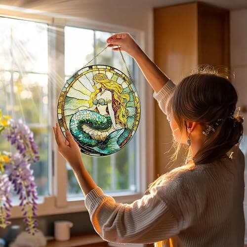 Stained Glass Window Hanging, 8 Inch Mermaid Suncatcher Stained Glass Ornament, Suncatchers for Windows Hanging, Sun Catchers Indoor Window, Mermaid Gifts, Gifts for Friends, Housewarming Gift thumbnail 2