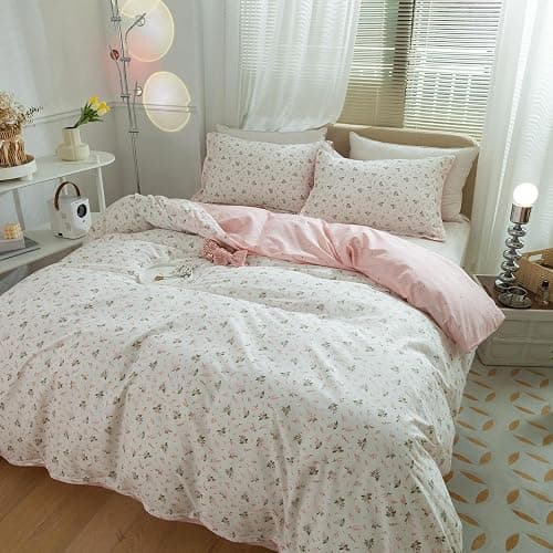LifeTB Pink Flower Duvet Cover Twin XL Girls Aesthetic Floral Duvet Cover White Soft 100% Cotton Flower Bedding Set Cottage Floral Comforter Cover with Zipper Closure, Breathable, Easy Care - Image 1