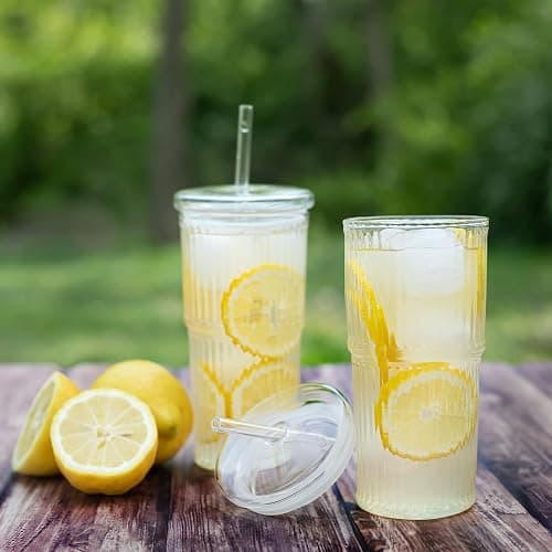 Birchland All Glass Iced Coffee Cup with Lid and Straw, Ribbed Glass Tumbler Set of 2 (22 oz ribbed) thumbnail 5