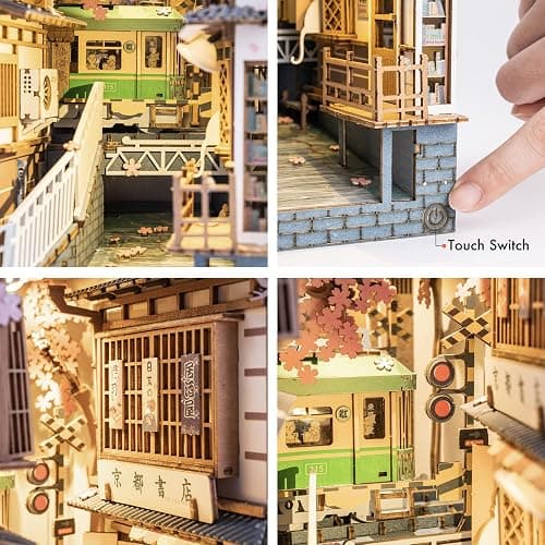 ROBOTIME DIY Book Nook Kit DIY Miniature Dollhouse Booknook Kit 3D Wooden Puzzle with LED Light,Decorative Bookend Bookshelf Insert Decor for Teens and Adults (Sakura Tram) thumbnail 6