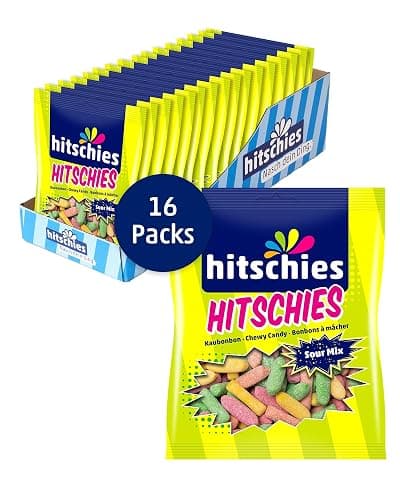 Hitschies Sour Mix - Fruchtig-saure & knackige Kaubonbons mit softem Kern - Erdbeere, Apfel, Aprikose & Zitrone - Glutenfrei & Halal - 16 x 140g - Image 1