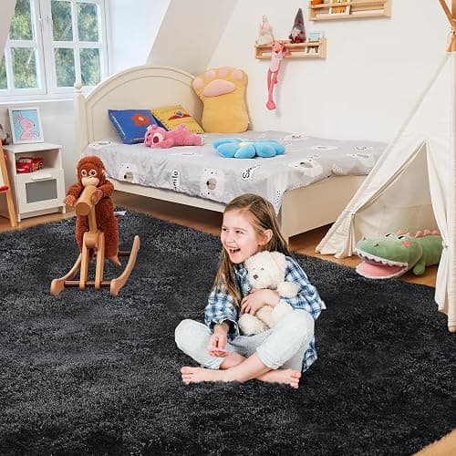 Ultra Soft Rug for Living Room, 4X6 Fluffy Shag Area Rug for Bedroom, Modern Shaggy Carpets Fuzzy Rug for Teens Dorm Nursery Home Decor Aesthetic, Upgrade Anti-Skid Durable, Black thumbnail 5