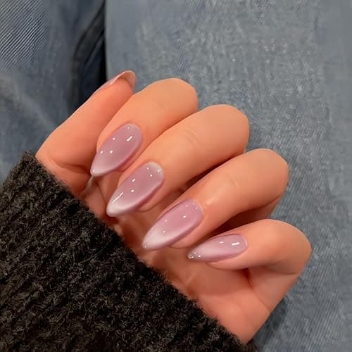 KQueenest Dusty Pink Cat Eye Press on Nails Almond Shape, 30 Pcs Glitter Fake Nails Medium Long, Semi-Transparent Sparkle Glass Nails Press on, Shiny Acrylic Nails, Bling Stick on Nails for Women - Image 1