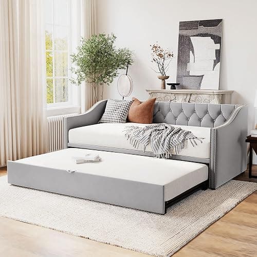 Girls guest GOTwin Size Upholstered Daybed with Pop Up Trundle, Twin to King Size Day Bed, Trundle Can Be Flat Or Erected, Extendable Daybd(Gray-DB) - Gray-db thumbnail 5