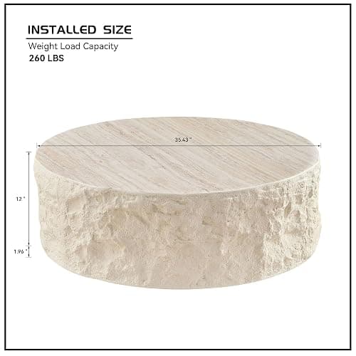 KEIKI 35" Fiberglass Round Coffee Table with Round Edge Design, Modern Style Imitation Stone Center Coffee Table, No Assembly Required, for Living Room, Bedroom, Reception Room, Beige thumbnail 2