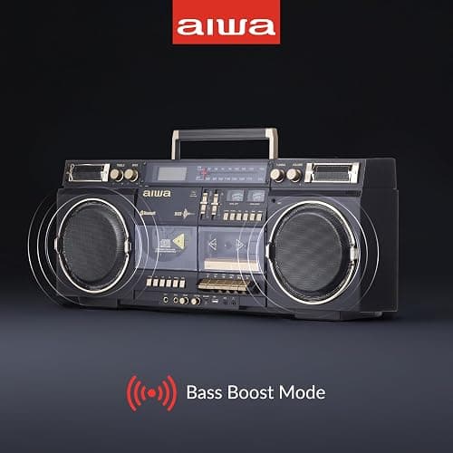 aiwa Retro Boombox BackTrack CD Player with Cassette Recording, Bluetooth 5.0, FM/AM Radio, USB/SD/AUX Inputs, VU Meters, LCD Display, Dual 40W Speakers (Black and Gold) thumbnail 3