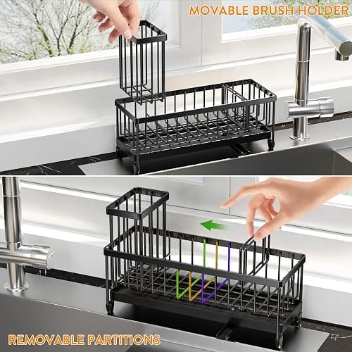 Cisily Sponge Holder for Kitchen Sink, Sink Caddy Organizer with High Brush Holder, Kitchen Countertop Organizers and Storage Essentials, Rustproof 304 Stainless Steel (Large Black, 10.62″) thumbnail 5