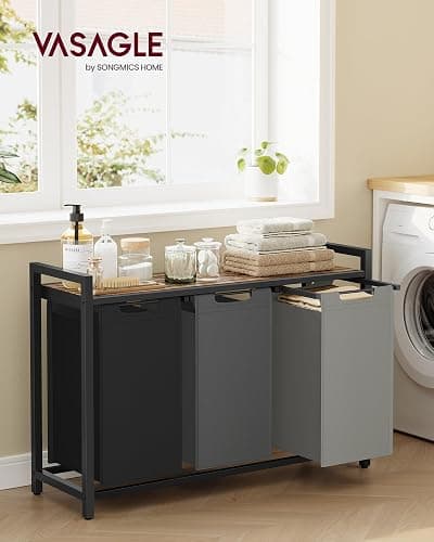 VASAGLE Laundry Hamper, Laundry Basket, Laundry Sorter with 3 Pull-Out and Removable Bags, Shelf, Metal Frame, 3 x 10.6 Gallons (40 L), 36.4 x 13 x 28.4 Inches, Tricolor and Rustic Brown UBLH301X01 - Tricolor + Rustic Brown - 120 L thumbnail 2