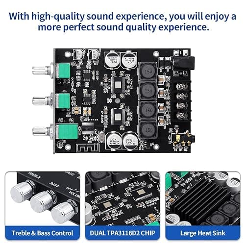 ARRAROWN ZK-1002T PRO 2.0 Channel Bluetooth 5.0 Amplifier Board 200W HiFi Subwoofer Audio AMP with Treble and Bass Control BT and AUX Inputs, DC 12-24V 2.0 Channel Stereo AMP Module for DIY Speakers thumbnail 3