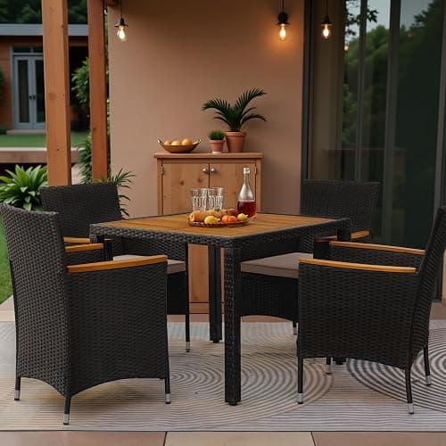 Greesum 5 Pieces Outdoor Patio Dining Set, Conversation Sets with 1 Table and 4 Rattan Chairs with Curved Acacia Wooden Armrests and Cushions, Black thumbnail 4