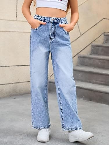 WDIRARA Girl's Bow Print Back Zipper Fly Elastic High Waist Denim Pants Basic Wide Leg Jeans thumbnail 4