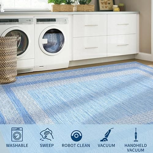 GarveeHome 8x10 Large Washable Area Rug Modern Bordered Distressed Geometric Floor Carpet, Soft Non Slip Low Pile Non Shedding Indoor Light Blue Carpet for Bedroom, Living Room thumbnail 8