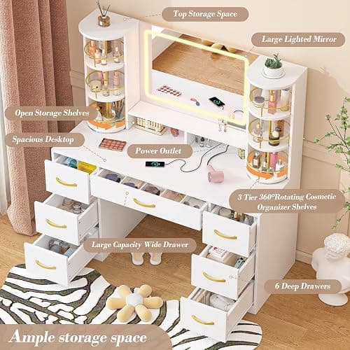 CSZZD White Vanity Desk with 360° Rotating Organizer & Charging Station | Large Makeup Vanity with LED Lighted Mirror and 6 Storage Drawers, Bedroom Vanity Table for Women Girls thumbnail 3