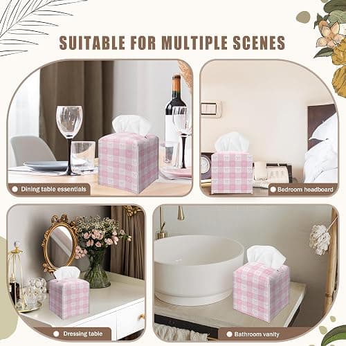 ❤️Pink Gingham Bow Decorative Leather Tissue Box Cover - Cute Tissue Holder Gifts for Women and Friends Funny Unique for Home Decor Decorative for Kitchen Bathroom Nightstands Office - A21 thumbnail 6