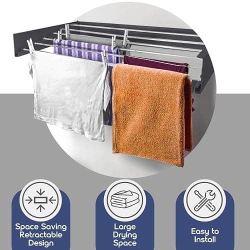 HYK Wall Mounted Clothes Airer - Foldable Clothes Drying Rack - 35kg Capacity - Indoor & Outdoor Use Easy to Install - Retractable Drying Rack for Laundry, Bedroom, Garden (WHITE, 70 CM) thumbnail 5