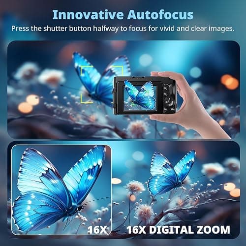 4K Digital Camera for Photography, UHD Autofocus 48MP 180° Flip Screen 16X Zoom Compact Point Shoot Vlogging Camera for YouTube with 2 Batteries, 32GB Card (Black) thumbnail 4