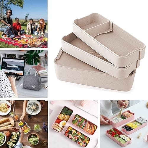 Rarapop 2 Pack Stackable Bento Box Japanese Lunch Box Kit with Spoon & Fork, 3-In-1 Compartment Wheat Straw Meal Prep Containers for Kids & Adults (Pink/Beige) thumbnail 6