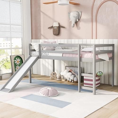 Harper & Bright Designs Twin Size Loft Bed Frame with Slide for Kids, Solid Wood Low Loft Bed with Guardrail and Ladders, Multifunctional Design, Gray thumbnail 3