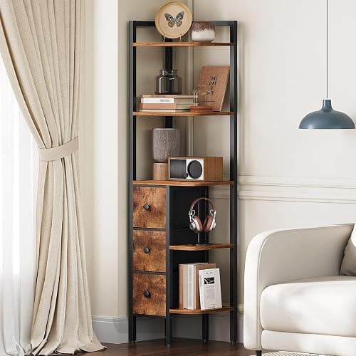 YATINEY Corner Shelf Stand, 5-Tier Corner Bookshelf with 3 Drawers, Industrial Display Shelf for Narrow Spaces, Wooden Small Bookcase, Easy Assembly, Rustic Brown and Black CJ10BR thumbnail 2