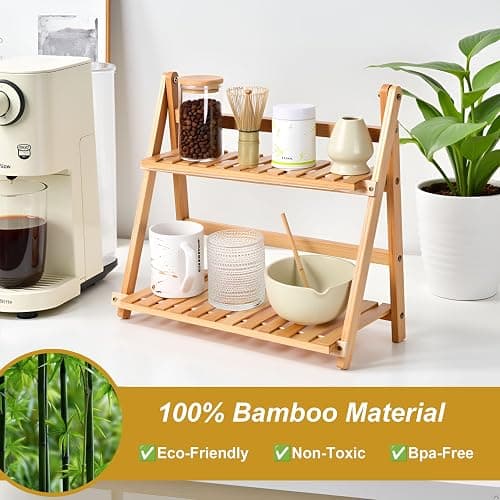 HORIBND Coffee Station Organizer, Matcha Station, Foldable Bamboo Mug Holder for Countertop, Tea & Coffee Bar Accessories, 2 Tier Shelf for Kitchen Counter Organizer, Matcha Stand, Spice Rack thumbnail 3